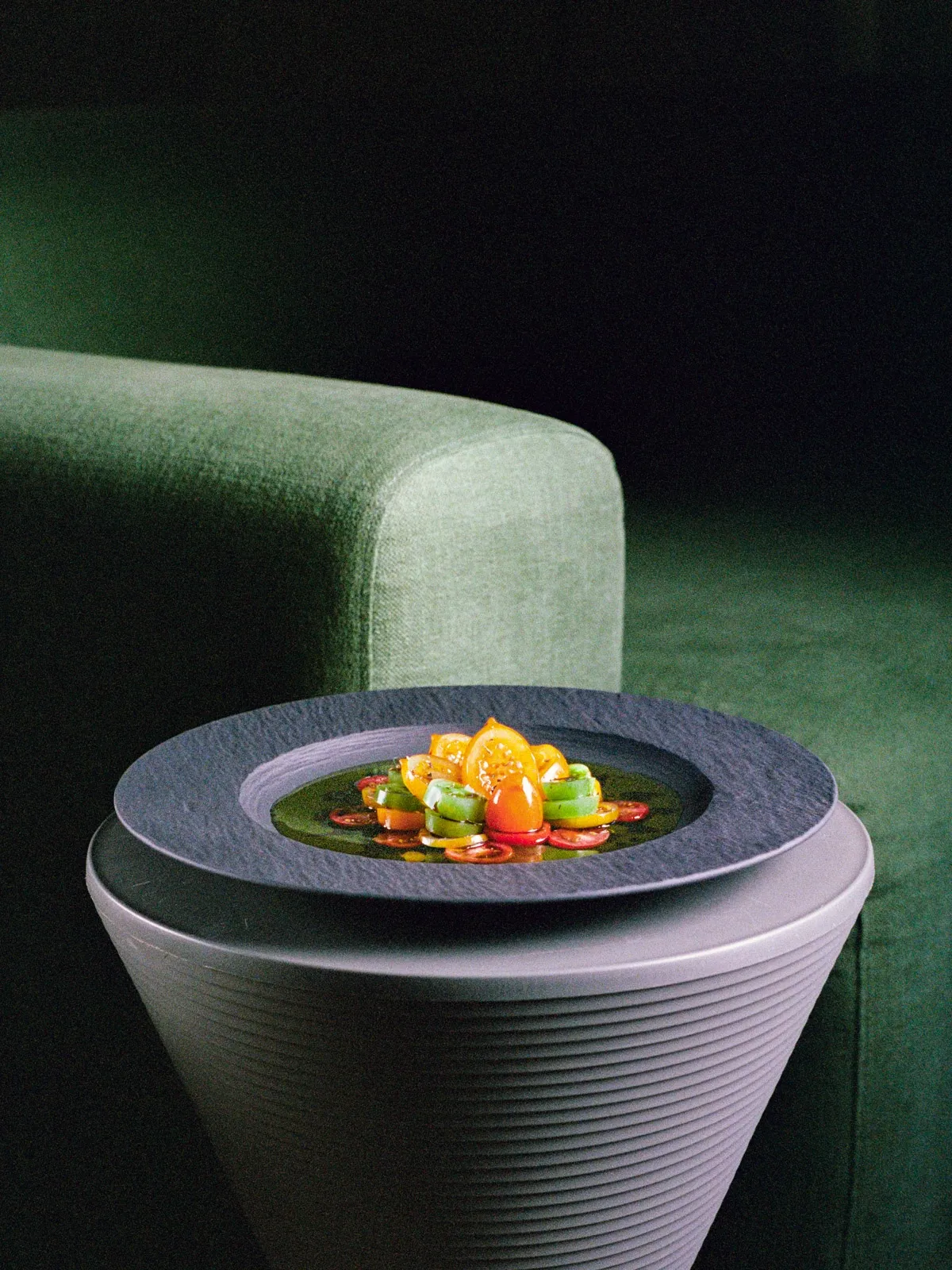 British tomato salad on slate plate