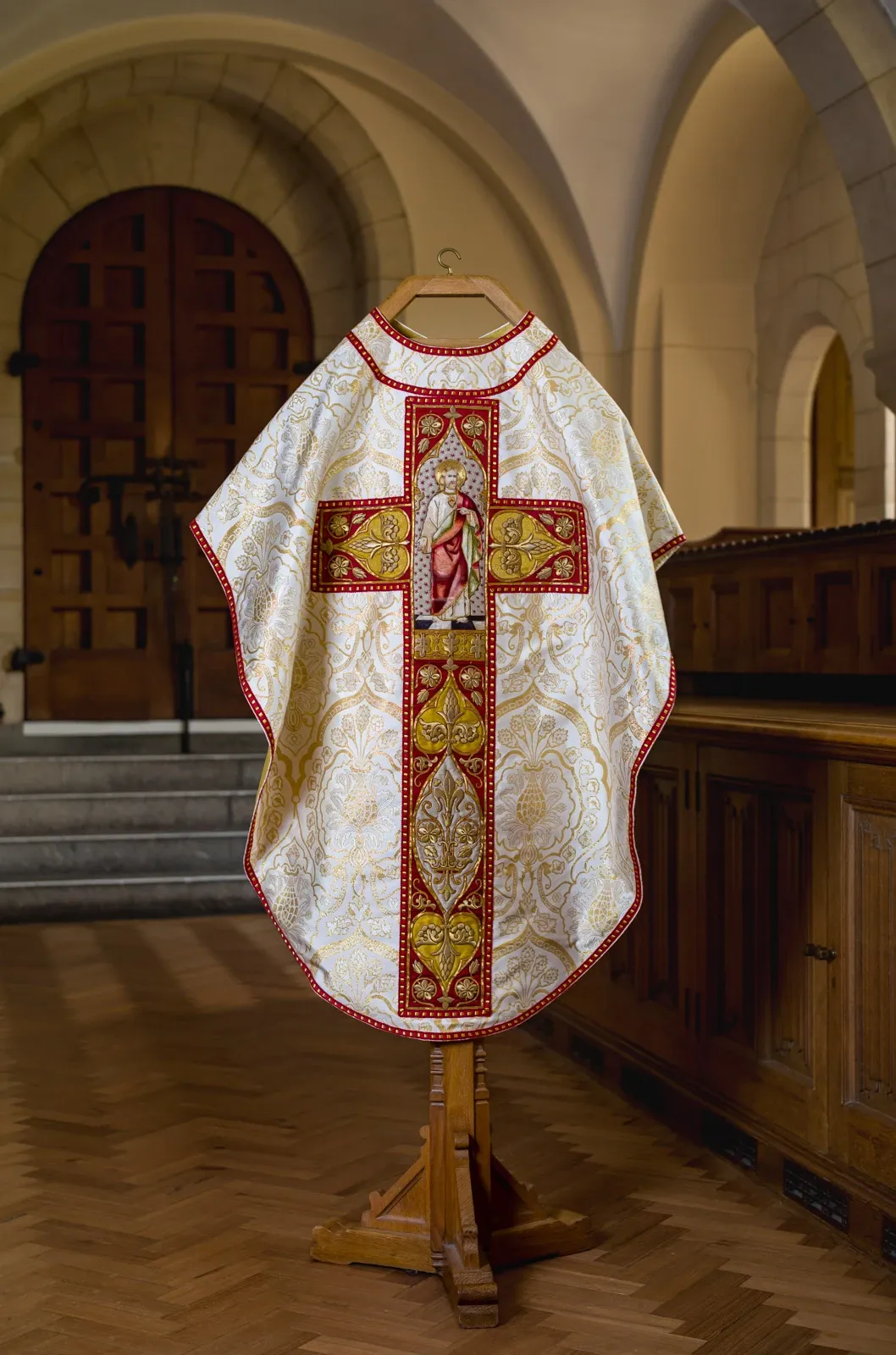 A vestment is displayed inside a sacristy