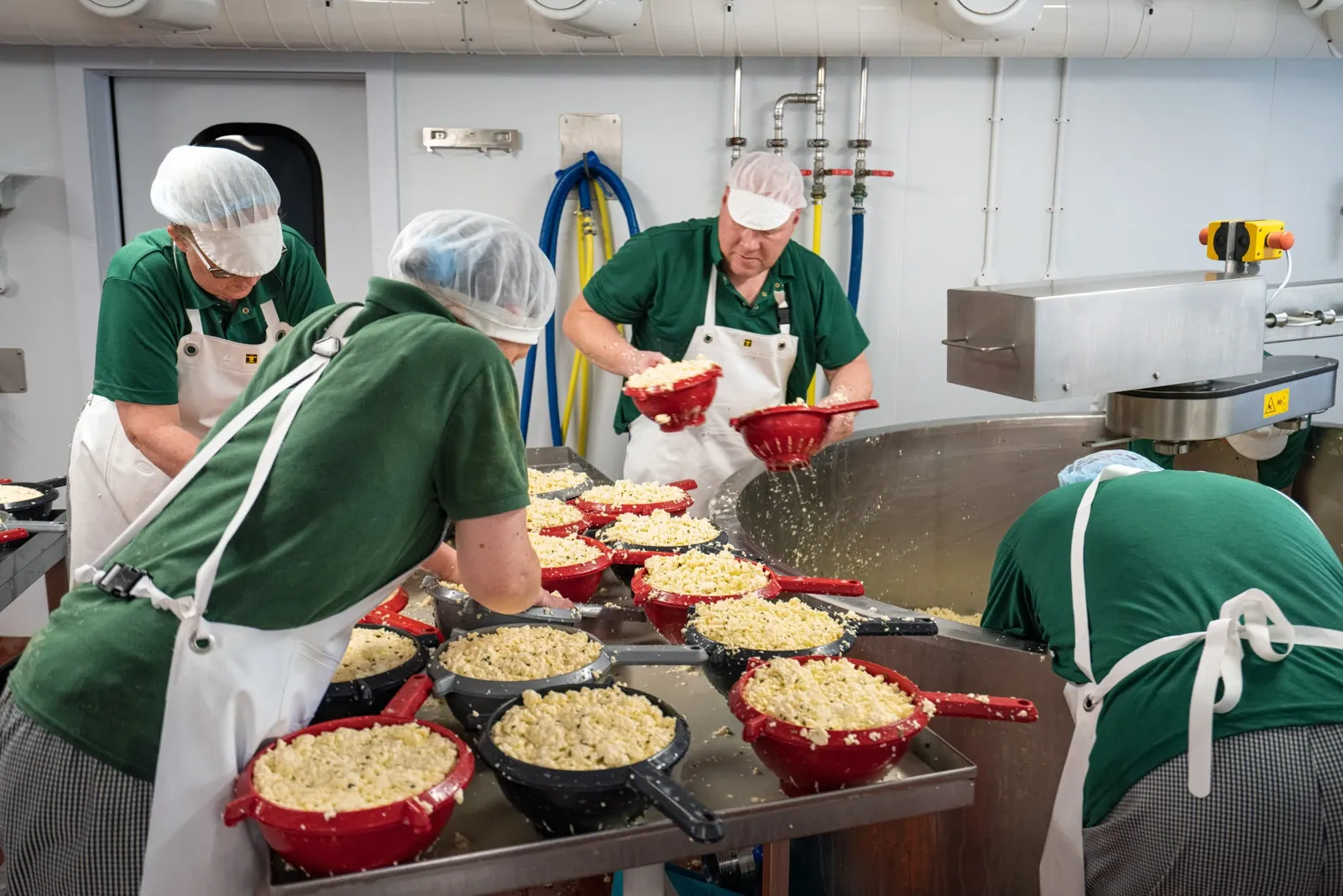 Cheesemakers work to make cheese